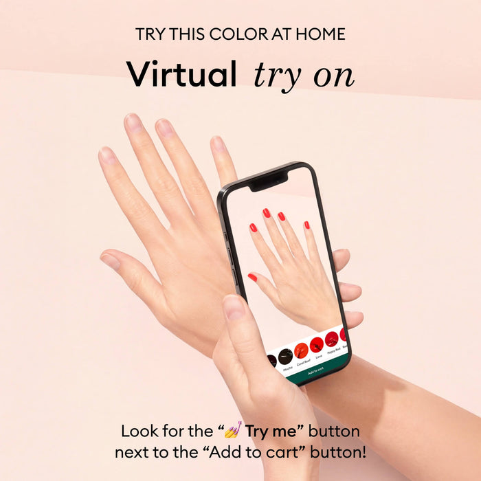 A hand holds a smartphone displaying Manucurist's Anthracite nail polish in a virtual try-on. The screen shows the same hand with digital dark grey nails, with text highlighting the virtual nail color feature.