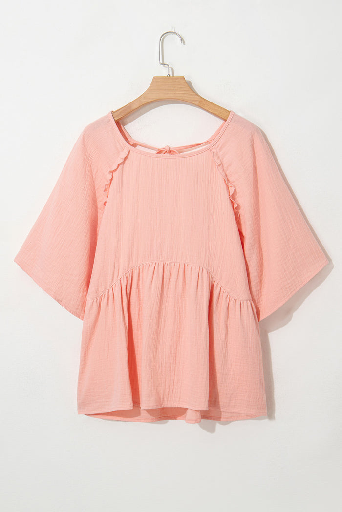 Apricot Pink Plus Size Textured Wide Short Sleeve Babydoll Blouse 🇨🇳