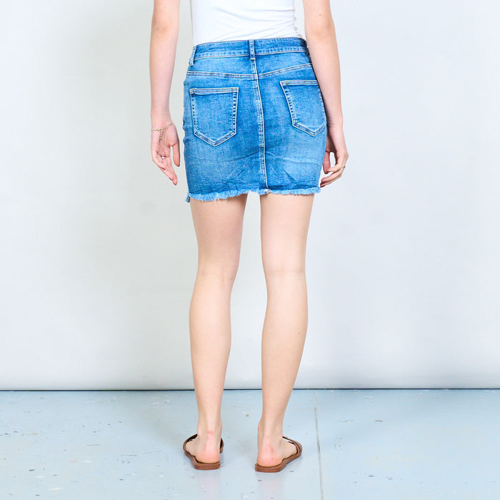 Asymmetric raw hem overlap front denim mini skirt wholesale