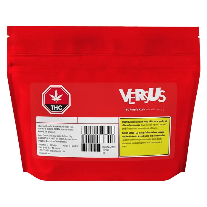 Front view of the BC Purple Kush packaging with bold text and a warning label against a dark background.