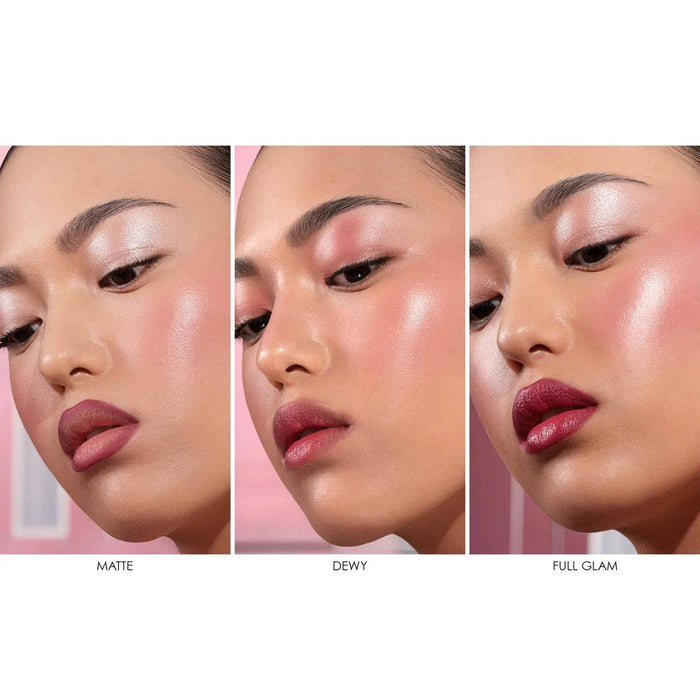 A three-panel demonstration of the Berry Pop Collection showing different finishes on a model. Each look utilizes a Lip Crayon, Lipstick, and Cheek Trio to create three distinct effects: Matte (soft berry tones with a velvety finish), Dewy (sheer, high-shine berry hues), and Full Glam (intense, saturated color and radiant skin).