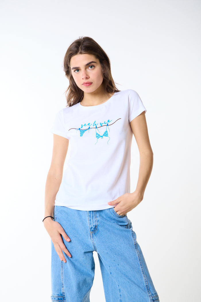 Bikini line illustration printed fitted t-shirt wholesale