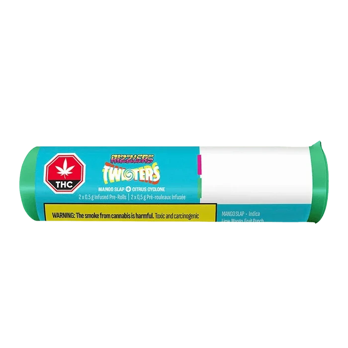 Front view of the Citrus Cyclone & Mango Slap Infused Pre Rolled 2 x 0.5 g packaging against a solid black background.