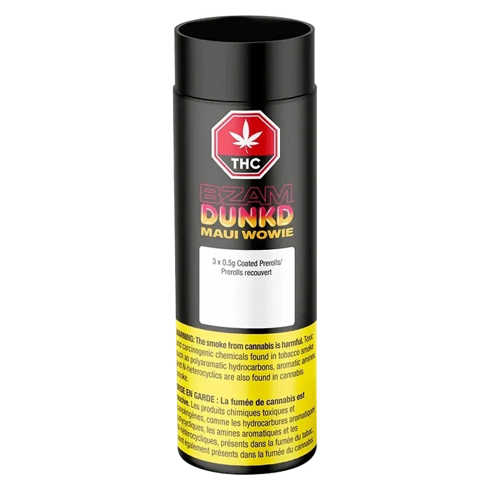 Front view of the DUNKD Maui Wowie Infused Pre Rolled 3 x 0.5g packaging, displaying a vibrant design with bold lettering and cannabis leaf imagery.