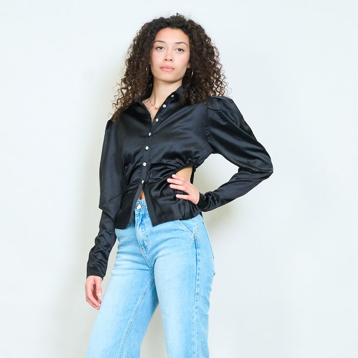 Elegant satin ruched waist fitted long sleeve blouse wholesale