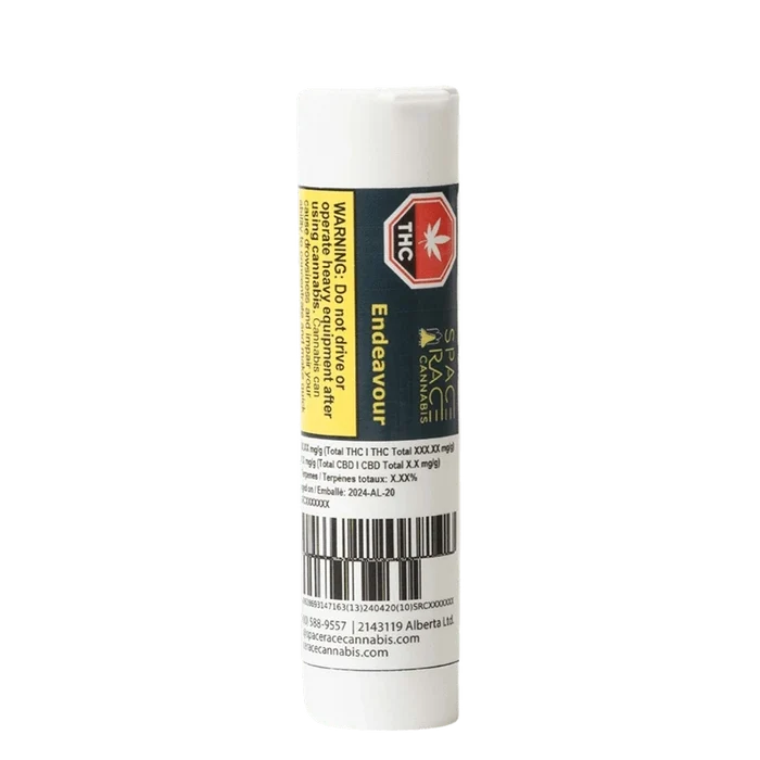 Close-up of the Endevour Pre Rolled 2 x 1 g packaging, displaying warning text against operating machinery.