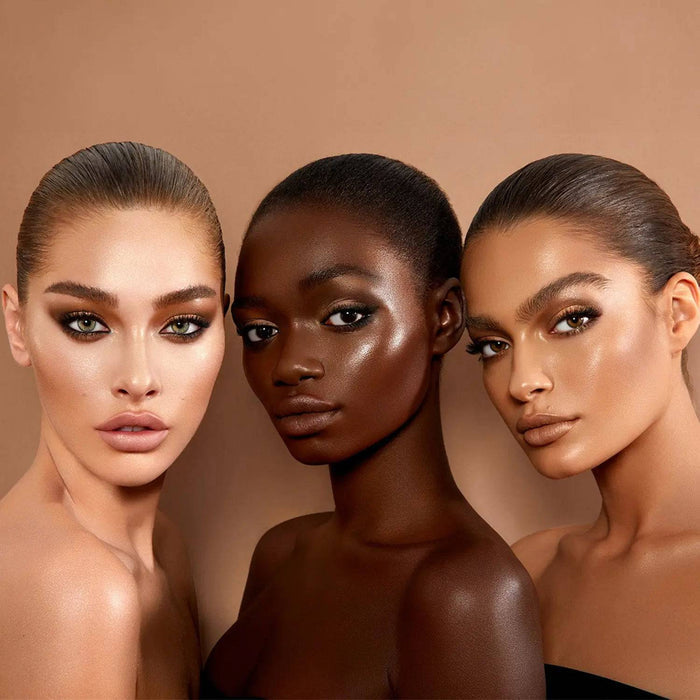 Face Glow Cream Shimmer model looks with three different skin tones on a light background.