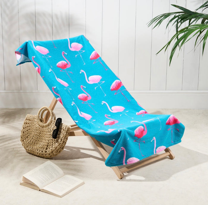 Flamingo Print Beach Towel - Sea Blue 🇬🇧