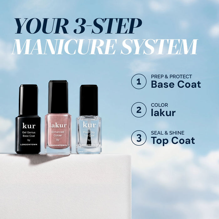 Three LONDONTOWN nail polishes are shown with a blue sky backdrop, labeled as base coat, color, and Flash Dry Top Coat for a quick-drying 3-step manicure system.