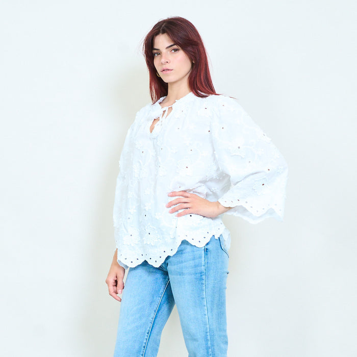 Floral embroidered tassel tie long sleeve blouse wholesale