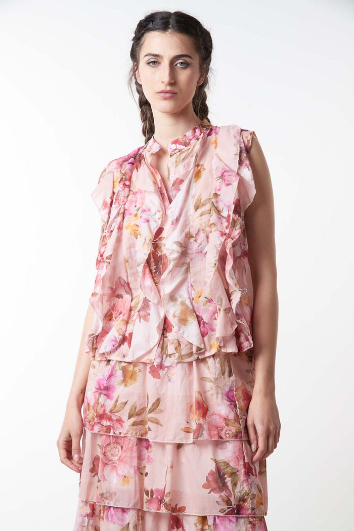 Floral ruffle layered sleeveless chiffon blouse wholesale