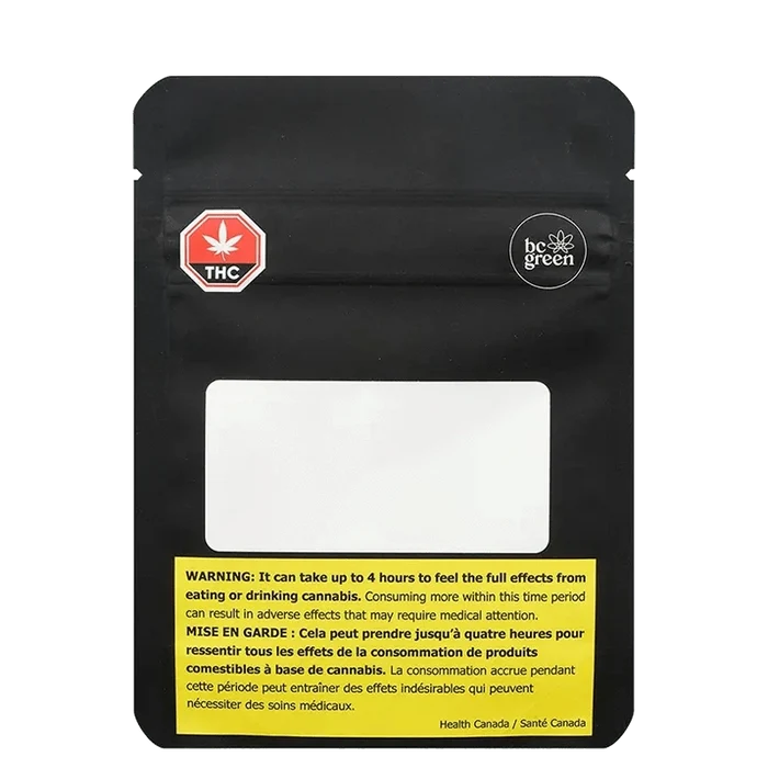 Frosted Gumbo packaging displays a warning message in French, with a green cannabis leaf logo against a black background.