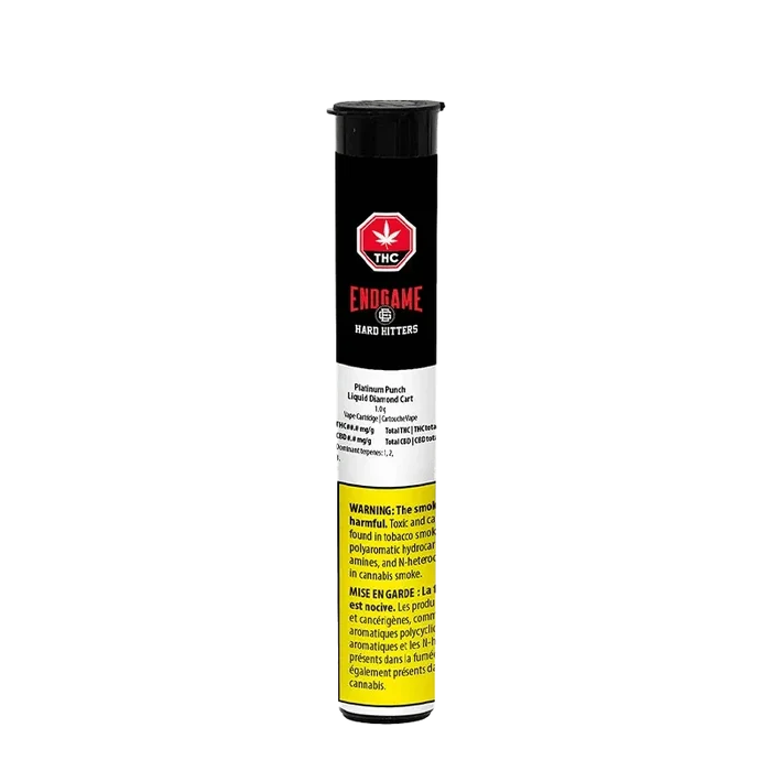 Close-up of the Hard Hitters Platinum Punch Liquid Diamond Vape Cartridge, showing the label and packaging details in a brightly lit shot.