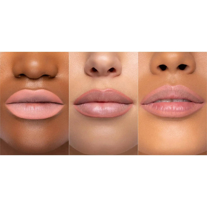 A three-panel demonstration of the I Need a Rose Lip Crayon on models with different skin tones.