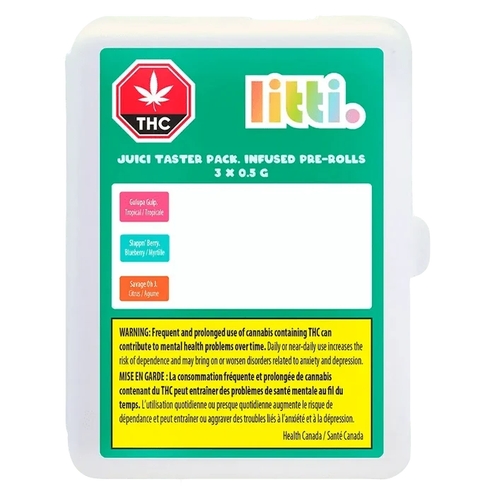 Le JUICI TASTER PACK Infused Pre Rolled est présenté en gros plan avec un avertissement sur les risques pour la santé.
