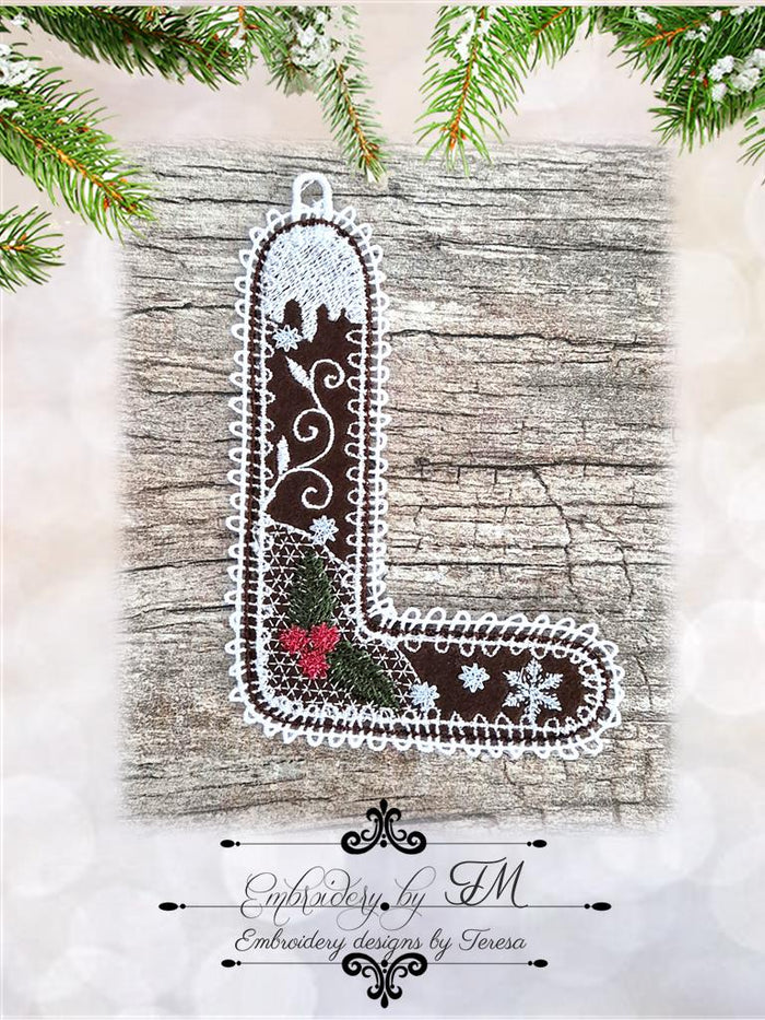L gingerbread alphabet/5x7 hoop/combination of felt and lace