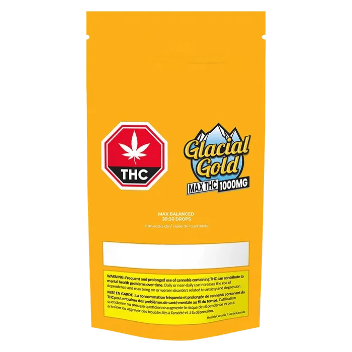 Front view of the Max Balanced 30:30 Drops packaging with a warning label and branding elements on a dark background.