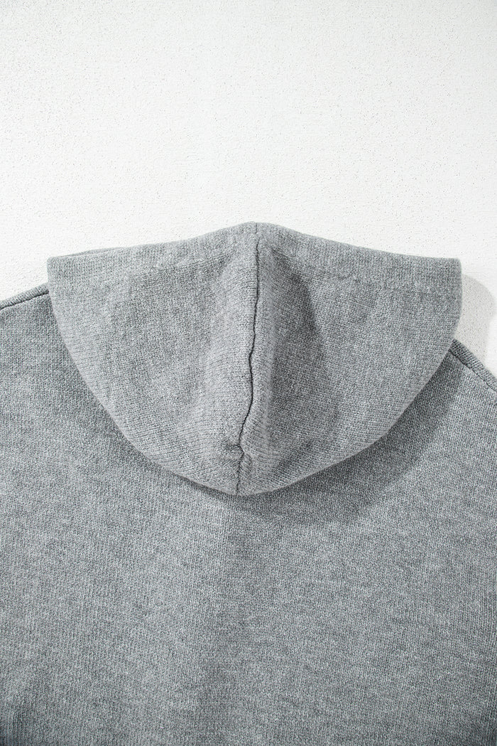 Medium Grey Drawstring Hooded Button Up Drop Shoulder Sweater Cardigan 🇨🇳