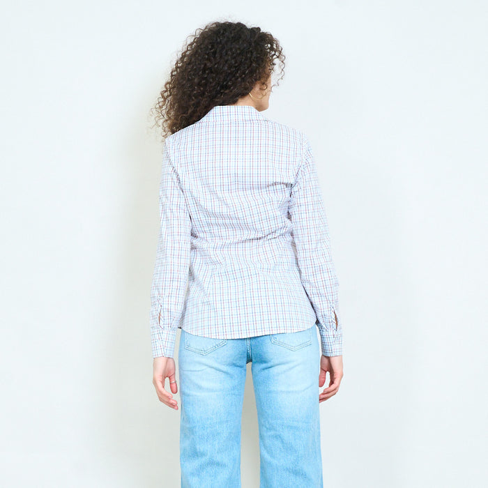Minimal grid check printed fitted long sleeve shirt blouse wholesale