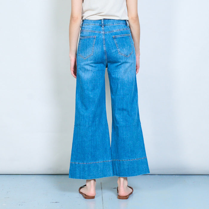 Modern wide-leg denim jeans with stitched hem panel detail wholesale