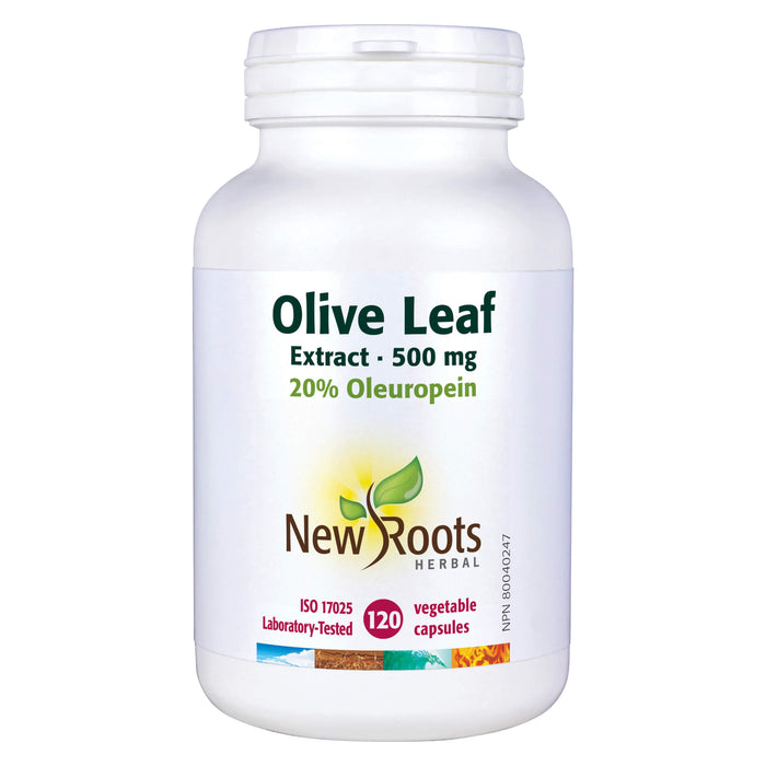 Bottle of New Roots Olive Leaf Extract 500mg 120 Vegetable Capsules