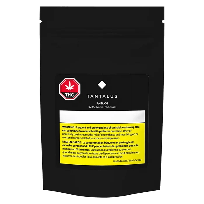 Front view of the Pacific OG Pre Rolled 3 x 0.5 g packaging with a warning label, displaying the brand's logo and product details.