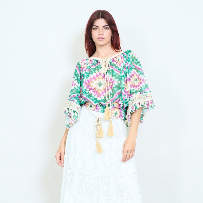 Paisley printed sheer tassel tie front cropped blouse wholesale