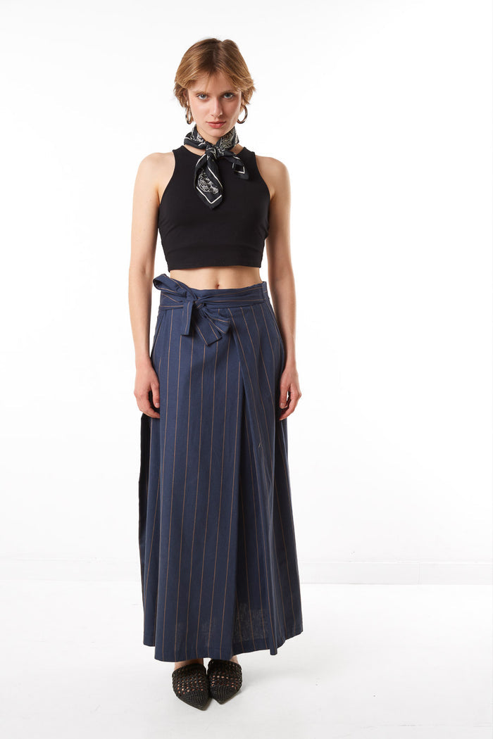 Pinstripe wrap front tie waist maxi skirt wholesale