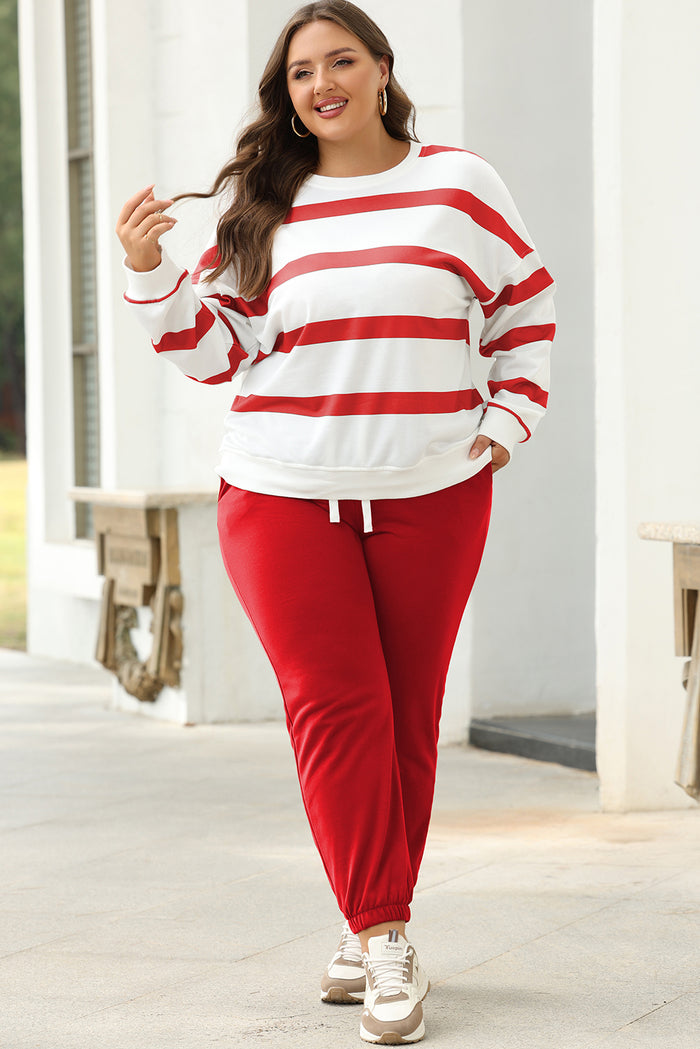 Red Stripe Drop Shoulder Pullover and Jogger Pants Set 🇨🇳