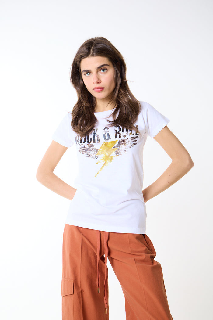 Rock & roll lightning wings graphic printed fitted t-shirt wholesale