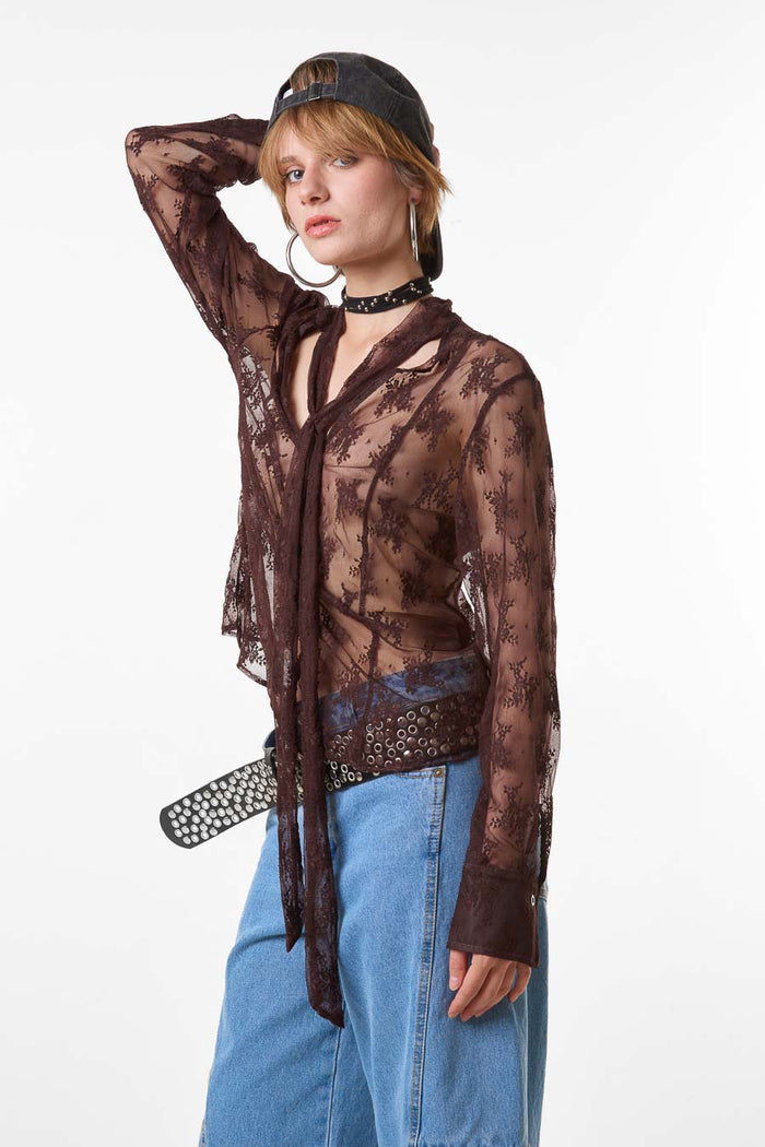 Sheer lace tie neck long sleeve blouse wholesale