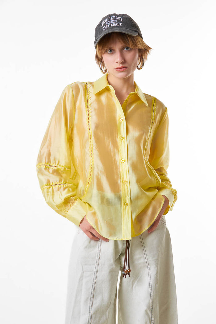 Sheer panel detail button down blouse wholesale