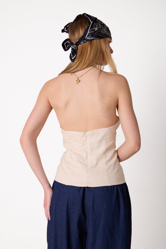 Sleeveless halter linen blend top with front tie detail wholesale