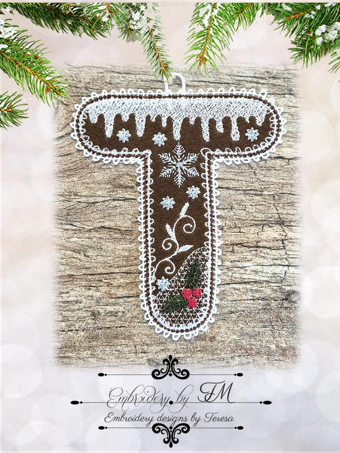 T gingerbread alphabet/5x7 hoop/combination of felt and lace