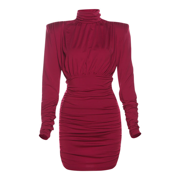 Temperament High Collar Pleated Waist Tight Sheath Dress 🇨🇳