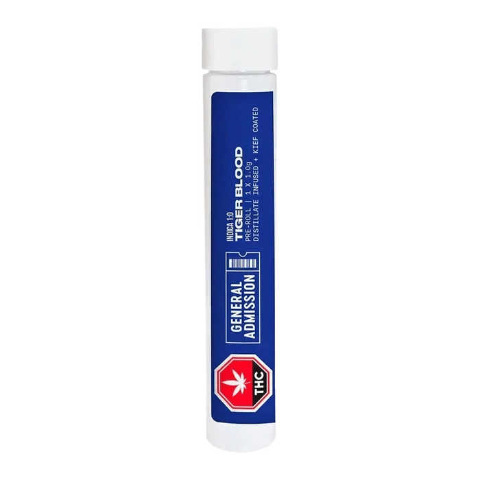 Front view of the Tiger Blood Infused Pre Rolled 1 x 1 g, showing its colorful label against a plain white background.