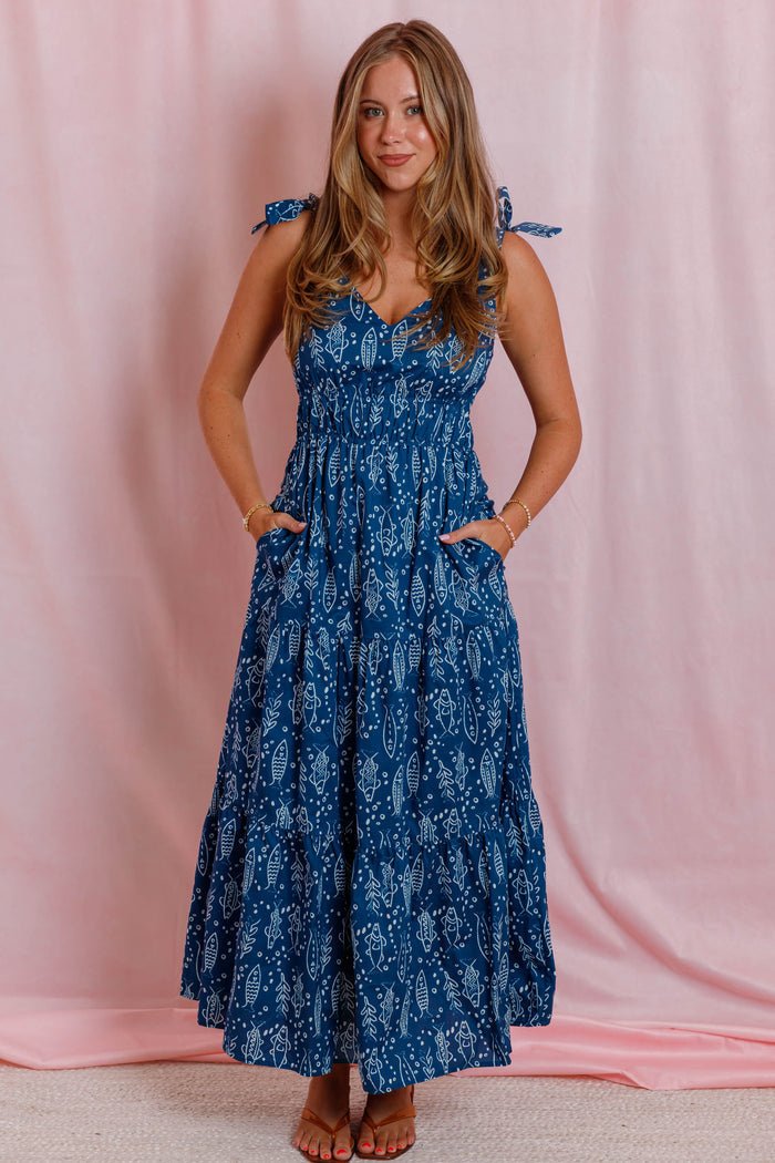 Blue Coastal Fish Print Maxi Dress- Women's Vacation Dresses- THML Fish Dress