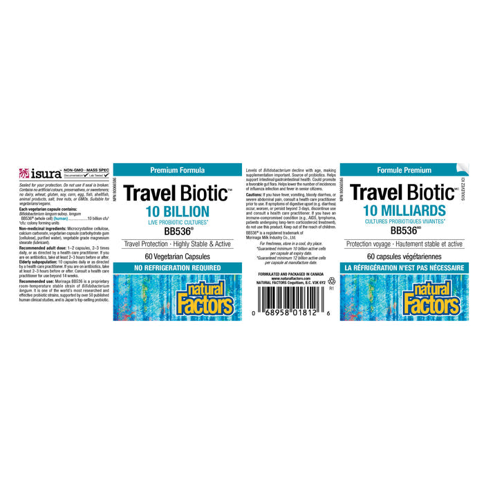 Natural Factors Travel Biotic BB536 10 Billion Live Probiotic Cultures 60 Vegetarian Capsules Label