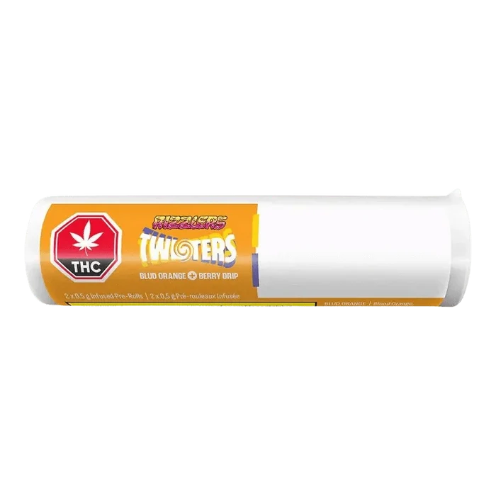 Front view of the Twisters-Blud Orange & Berry Drip Infused Pre Rolled packaging, displaying vibrant colors and bold branding on a dark background.