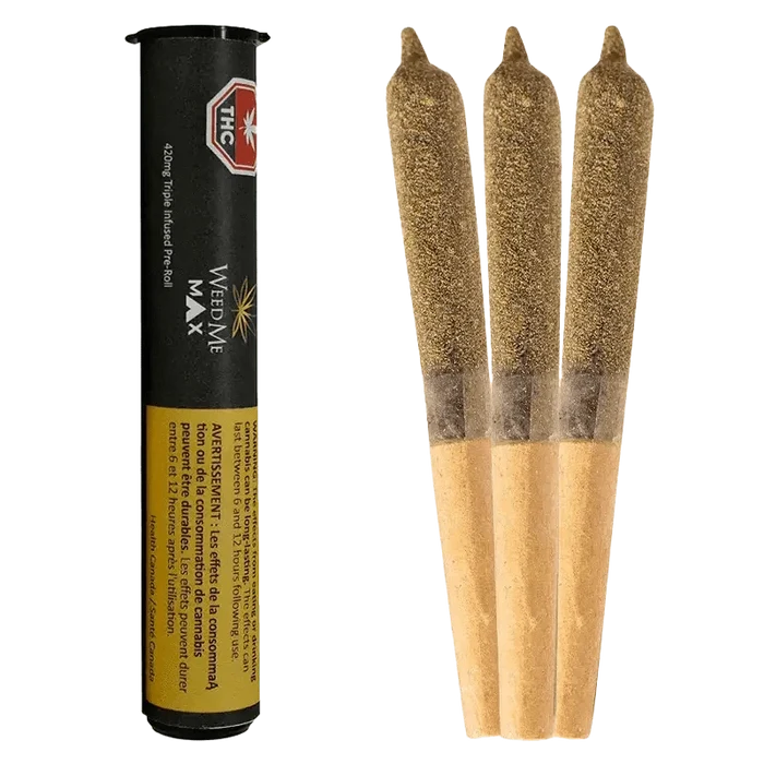 Close-up of the 420mg Triple Infused Pre Rolled 1 x 1 g, showing its green packaging with white text, viewed from a slight angle.