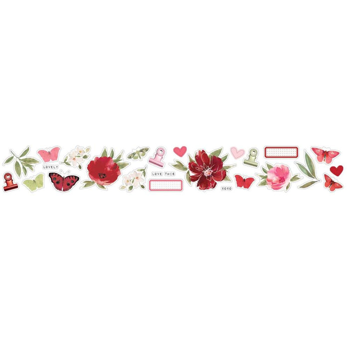 49 And Market - Washi Sticker Roll - ARToptions Rouge. Each roll has a repeat of approximately 13 in. long - 25 images repeated for a length of 5 m. Stickers can be used to decorate journals, scrapbook pages and other projects. Available at Embellish Away located in Bowmanville Ontario Canada.