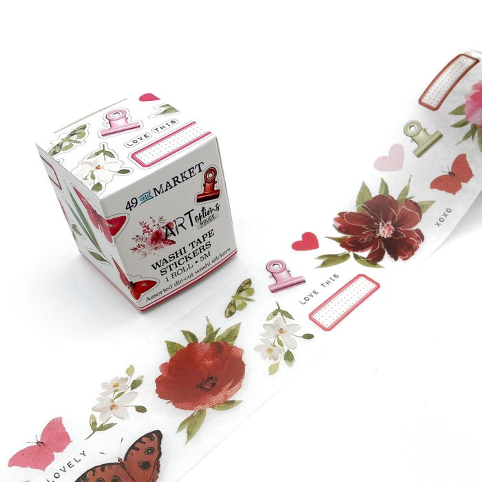 49 And Market - Washi Sticker Roll - ARToptions Rouge. Each roll has a repeat of approximately 13 in. long - 25 images repeated for a length of 5 m. Stickers can be used to decorate journals, scrapbook pages and other projects. Available at Embellish Away located in Bowmanville Ontario Canada.