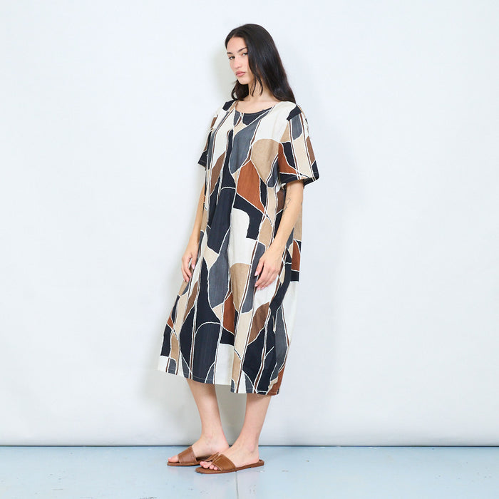 Abstract mosaic printed loose midi dress wholesale