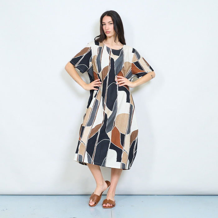 Abstract mosaic printed loose midi dress wholesale
