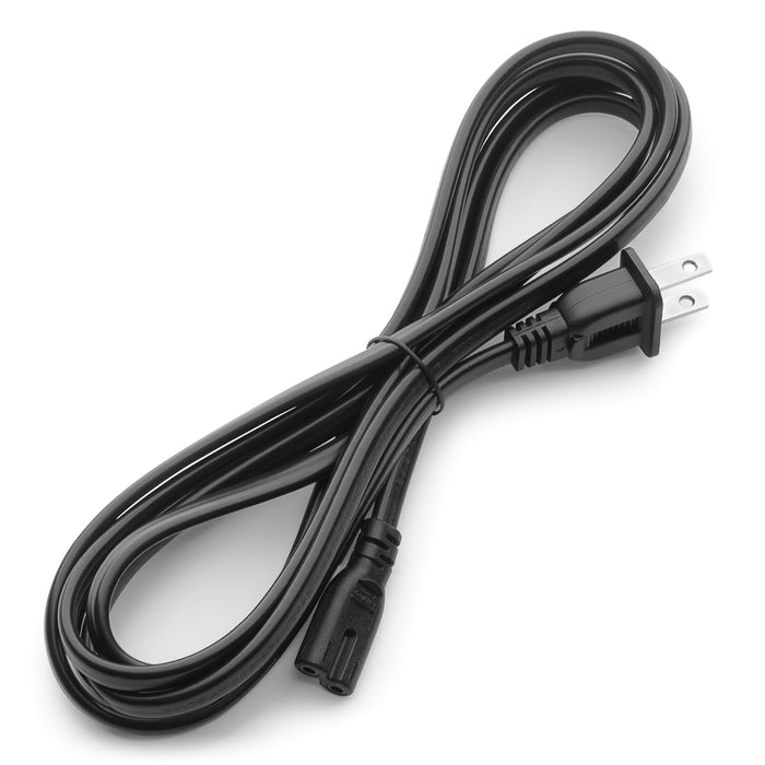 Black power cord with plug on a white background