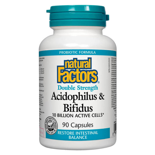 Bottle of Natural Factors Acidophilus & Bifidus Double Strength 10 Billion 90 Capsules