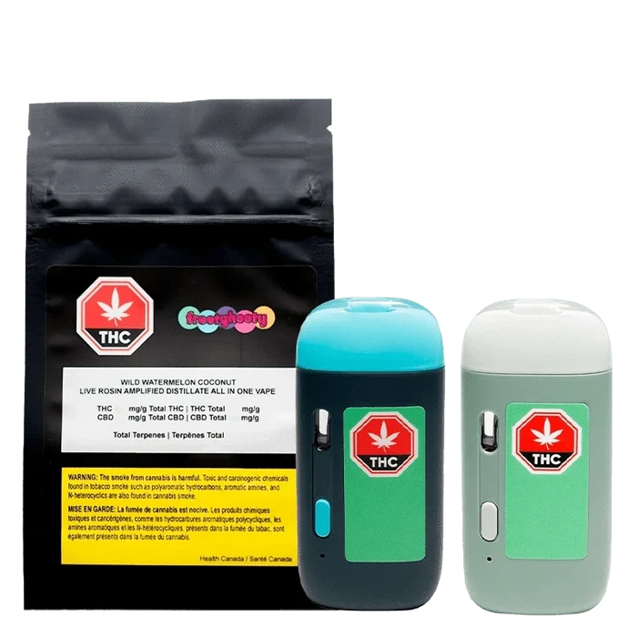 A close-up shot of the AIO Wild Watermelon Coconut Disposable Vape packaging, displaying cannabis warnings and THC levels.