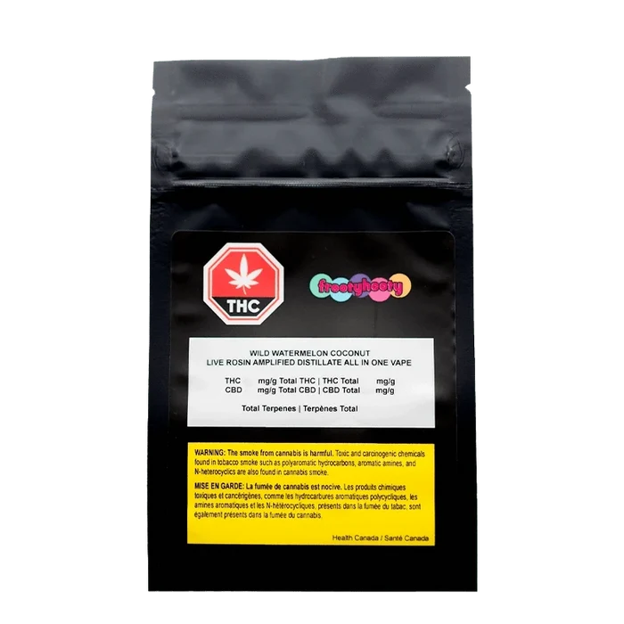Front view of the AIO Wild Watermelon Coconut Disposable Vape packaging displaying brand logos and product information in a vibrant design.