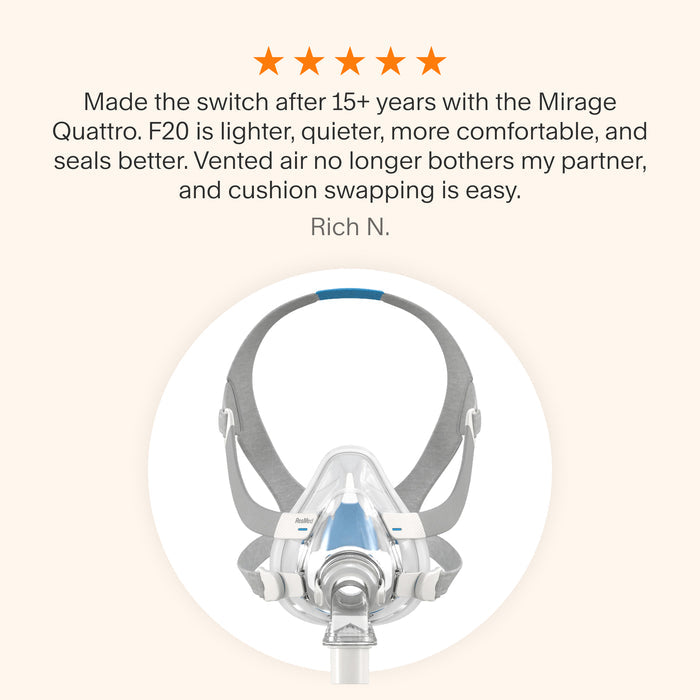Testimonial for AirFit F20 mask praising improved comfort, better seal, quiet airflow, and easy cushion swapping after long-term use.