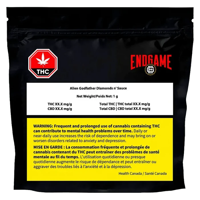 Front-facing shot of a black pouch labeled Alien Godfather Diamonds n' Sauce with red Endgame logo, THC symbol, and a prominent yellow health warning.